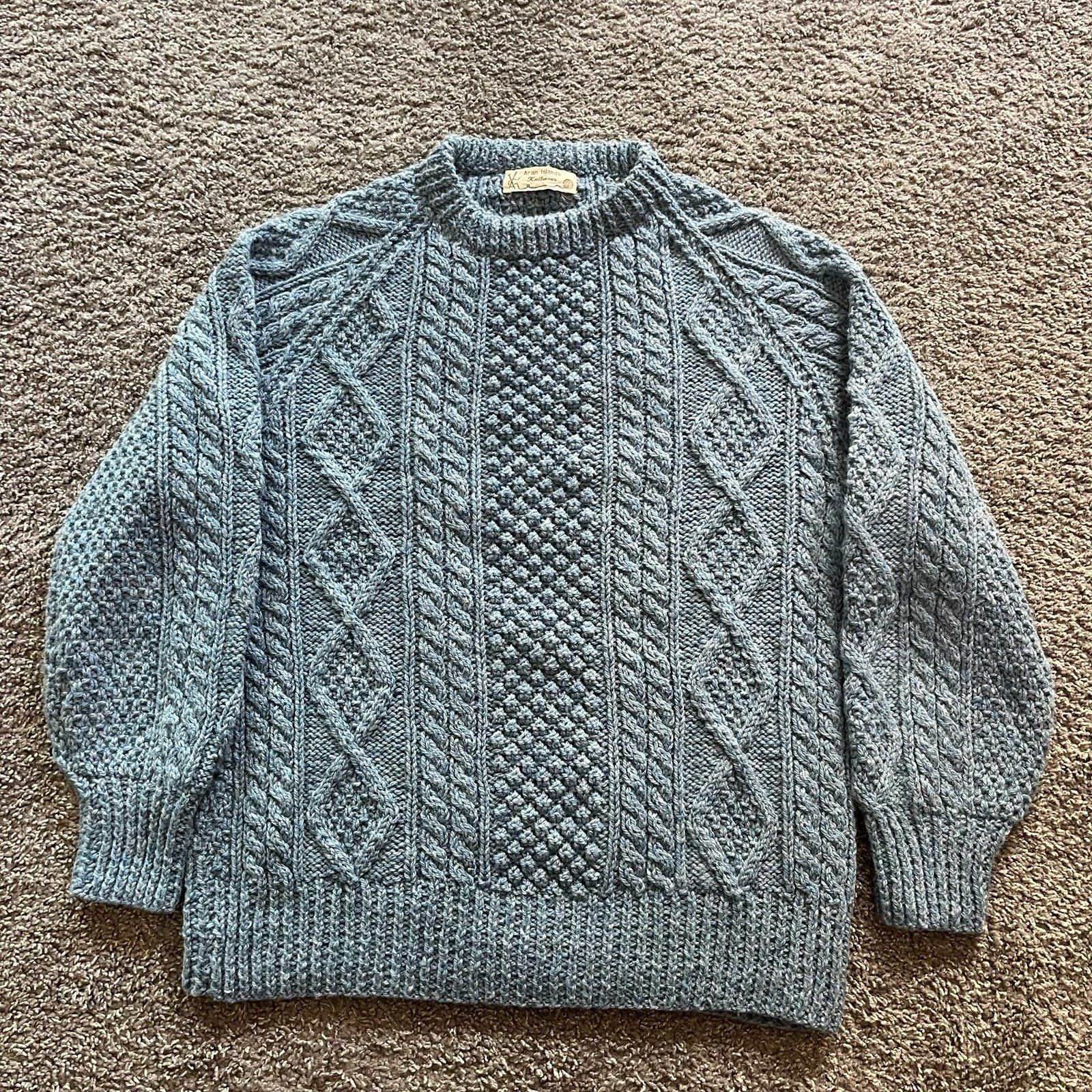 Vintage Aran Islands Knitwear Fisherman Wool Sweater Cable Knit Chunky Blue Sz L